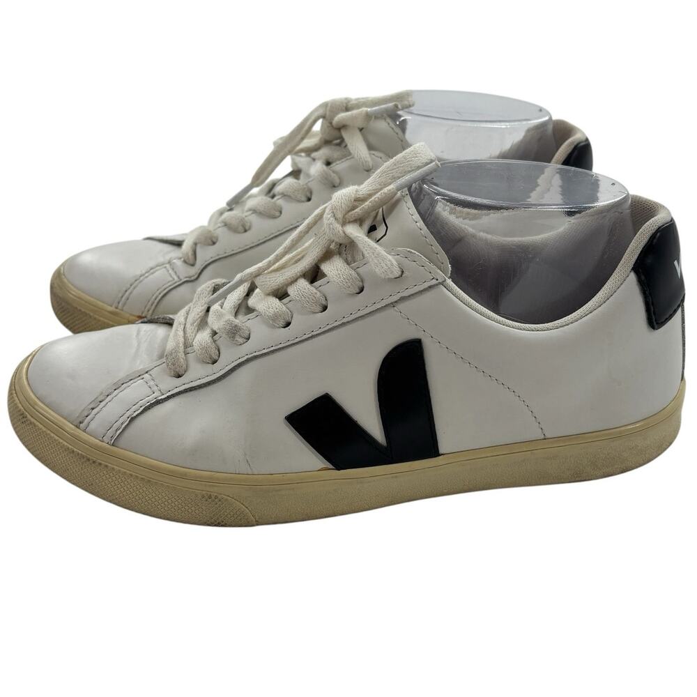 VEJA White Leather Low Top Retro Black Logo Sneakers - Picture 5 of 13